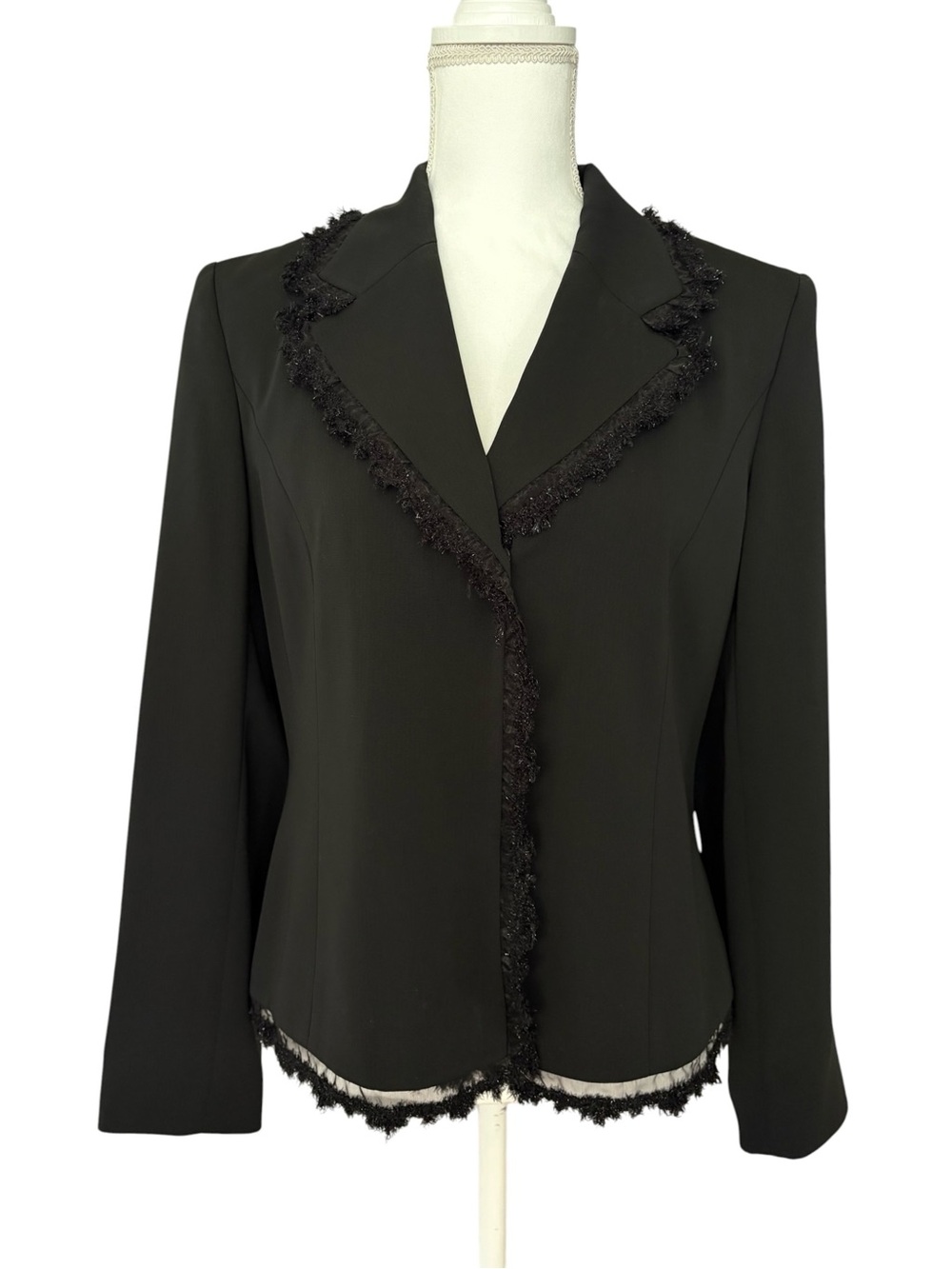 Harvé Benard Black Blazer Jacket Size 10 Fringe Trim Office Professional Chic